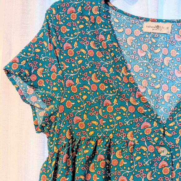 Natural Life Avery Midi Dress in Teal and Orange Boho Floral Pockets Cottagecore - Picture 6 of 14